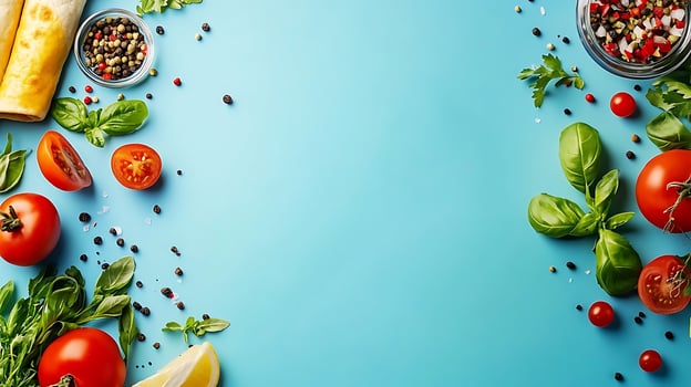 Fresh Ingredients for Delicious Meals on a Bright Blue Background. photo