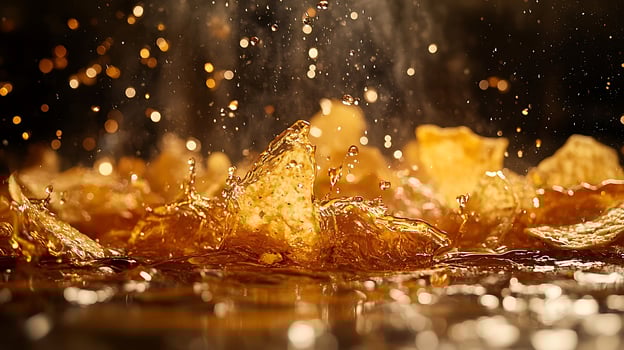 Close up of crunchy potato chips splashing into a drink with bokeh lights. photo