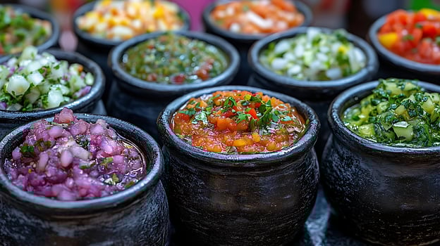 Colorful Fresh Salsa Bowls Ready to Serve at a Food Festival. photo