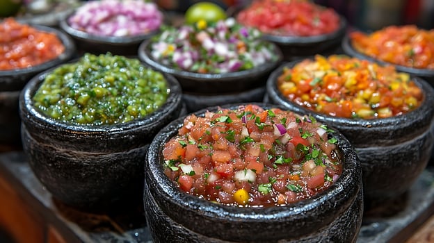 A colorful array of fresh salsa bowls in rustic containers. photo