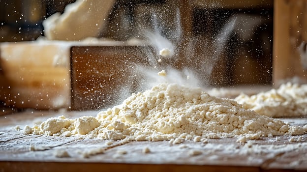 Flour explosion in the kitchen creating a white powder dust cloud. photo