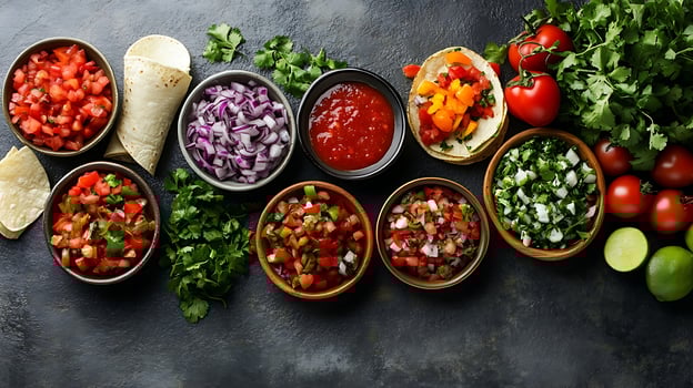 A variety of different types of salsa in bowls photo