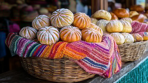 Golden Buns Covered in Powdered Sugar in a Woven Basket. photo