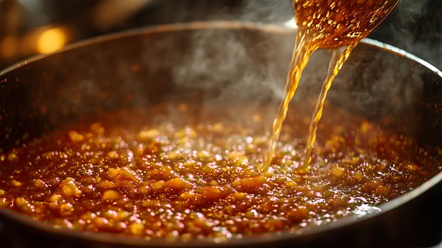 Pouring Rich Golden Syrup Into A Pan With Bubbling Mixture. photo