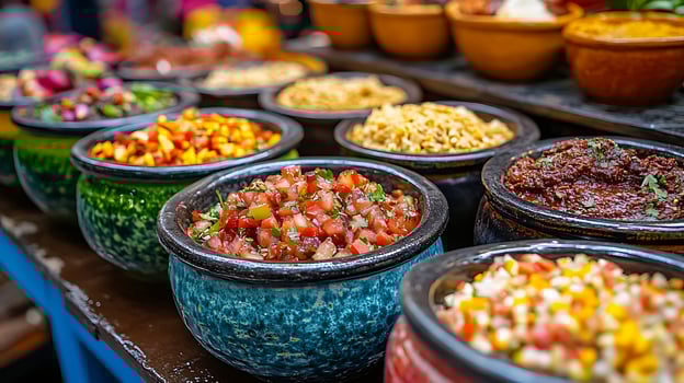 Delicious colorful food bowls with fresh ingredients beautifully displayed. photo