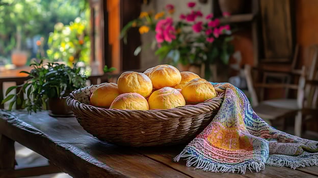 Warm baked bread in a rustic basket with colorful cloth. photo