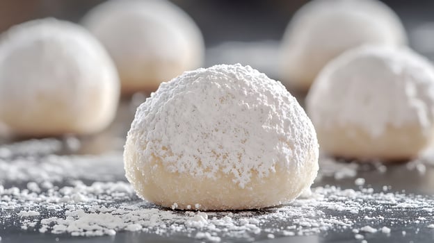 Delicious powdered cookies on a dark surface with shallow depth of field. photo