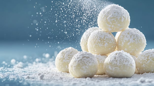 Snow Covered Sweet Candies Falling Powder in a Winter Scene. photo