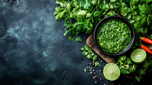 Fresh Cilantro Sauce with Lime and Chili Pepper, Ready for Cooking. photo