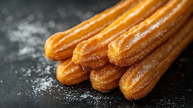 Delicious Sugar Coated Churros Ready to Eat on Dark Surface. photo