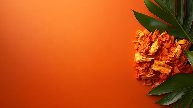 Delicious Shredded Jackfruit Dish with Tropical Leaves on Orange Background. photo