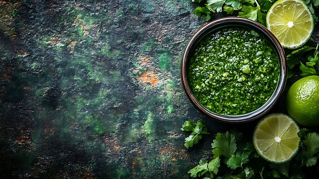 Fresh Green Herb Sauce with Limes and Cilantro on Textured Surface. photo