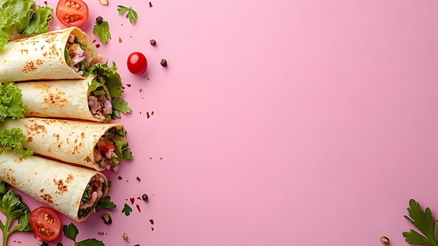 Delicious Wraps with Fresh Ingredients on a Pink Background. photo