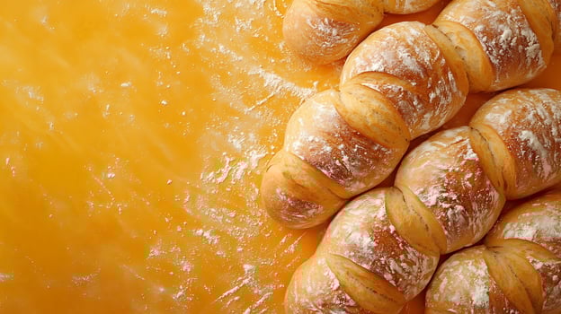 Freshly Baked Bread Rolls Dusted with Flour on Yellow Surface. photo