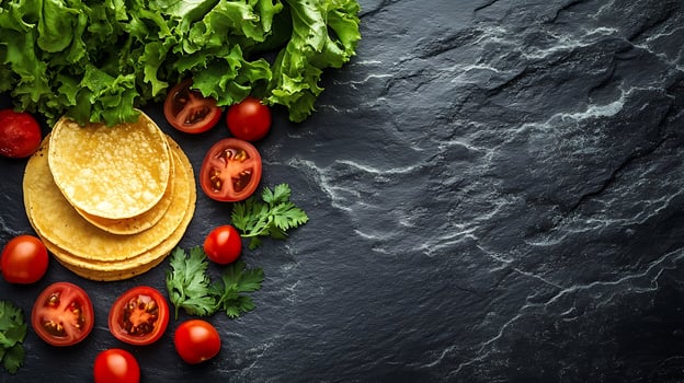 Fresh Ingredients for Tacos and Tortillas on a Dark Surface. photo