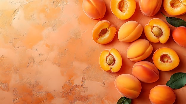 Fresh Ripe Apricots Scattered on Textured Orange Background. photo