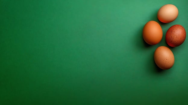 Four Brown Eggs Scattered on a Textured Green Surface. photo