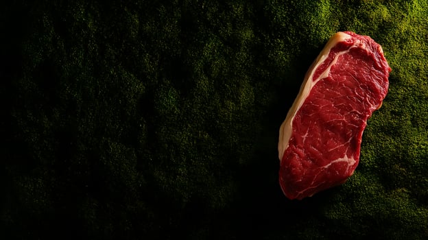 Raw Steak on a Textured Green Background, Ready for Cooking. photo