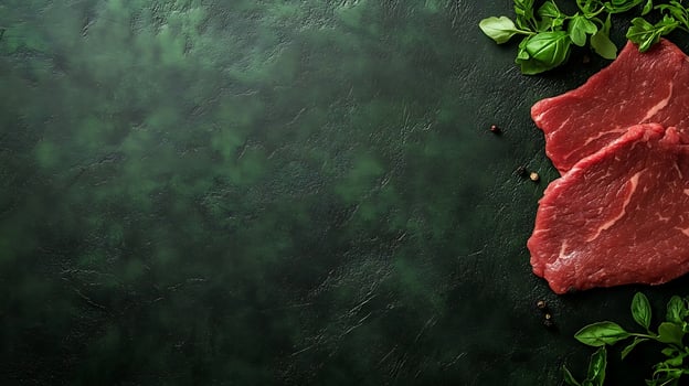 Fresh Raw Steaks and Green Basil on a Dark Textured Surface. photo