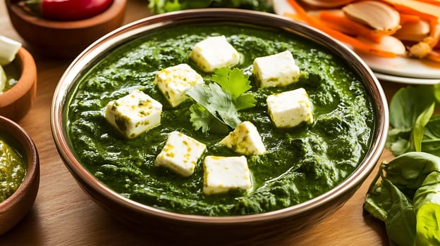 Delicious Palak Paneer with Fresh Coriander and Ingredients Nearby. photo