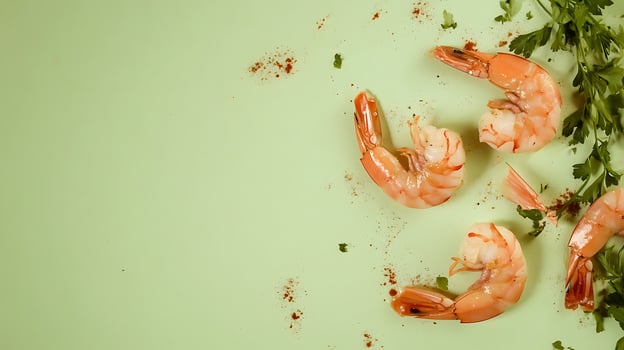 Fresh Cooked Shrimp with Parsley and Spices on a Light Green Background. photo