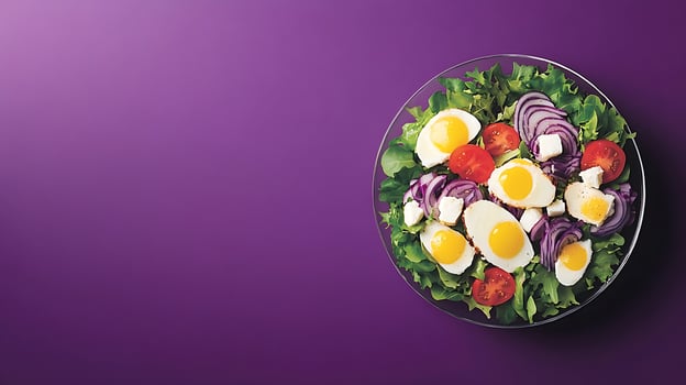 Delicious Salad with Fried Eggs and Red Onion on Purple Background. photo