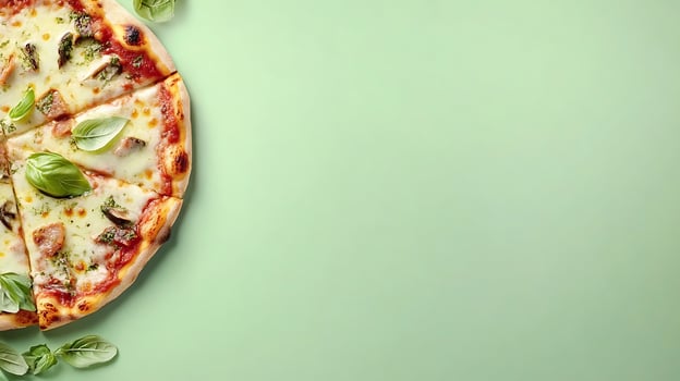 Delicious Gourmet Pizza with Fresh Basil Leaves on Light Green Background. photo