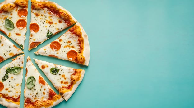 Delicious Sliced Pepperoni Pizza with Fresh Basil on Teal Background. photo
