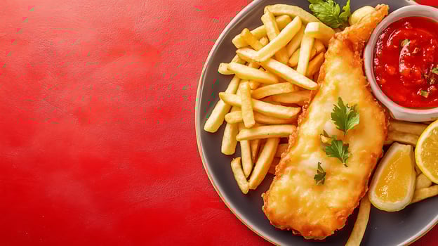 Classic Fish and Chips Ready to Enjoy with Lemon and Ketchup. photo