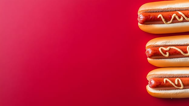 Classic Hot Dogs with Mustard on a Vibrant Red Background. photo