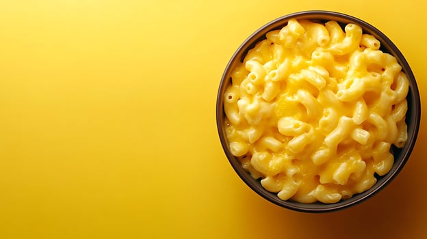 Creamy Macaroni and Cheese Served in a Bowl with a Yellow Background. photo