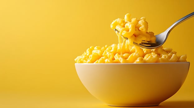 Creamy Mac and Cheese on a Fork, Delicious Comfort Food Delight. photo