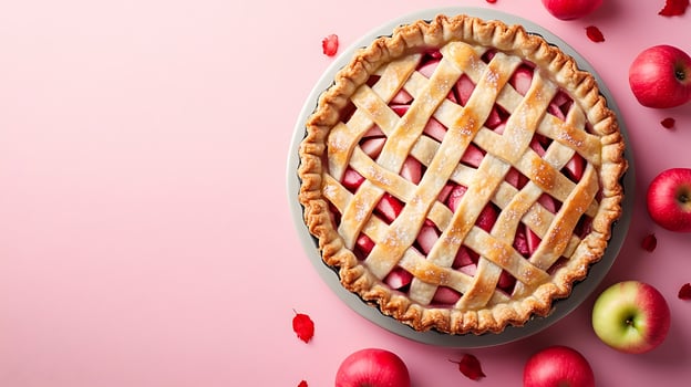 Fresh Baked Apple Pie with Ripe Apples on a Pastel Pink Background. photo