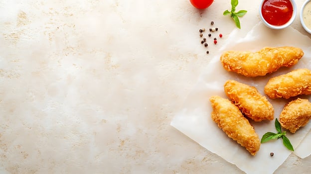 Crispy Chicken Strips Ready to Enjoy with Dipping Sauces and Garnish. photo