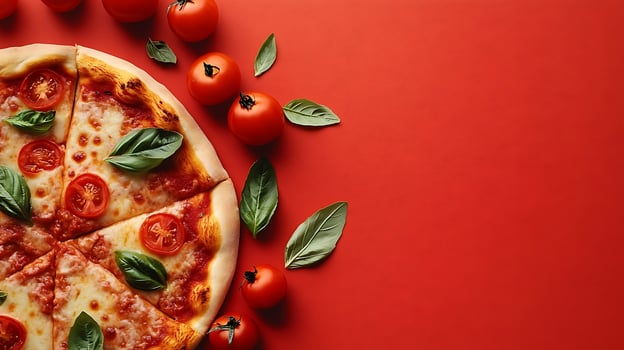 Delicious Pizza With Fresh Tomatoes and Basil on Red Background. photo