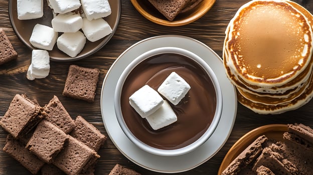Cozy Hot Chocolate with Marshmallows and Pancakes on Rustic Table. photo