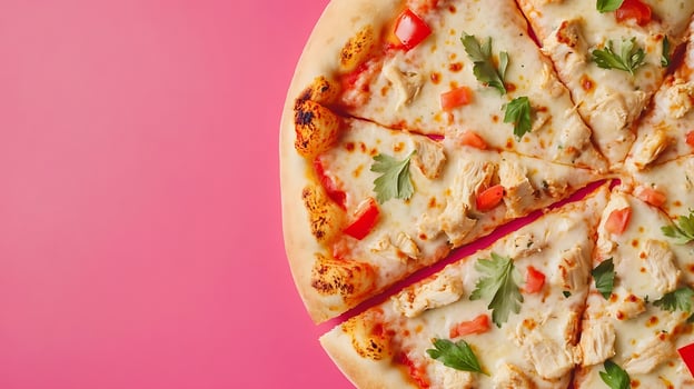 Delicious Chicken Pizza Slice with Fresh Tomato and Parsley on Pink Background. photo