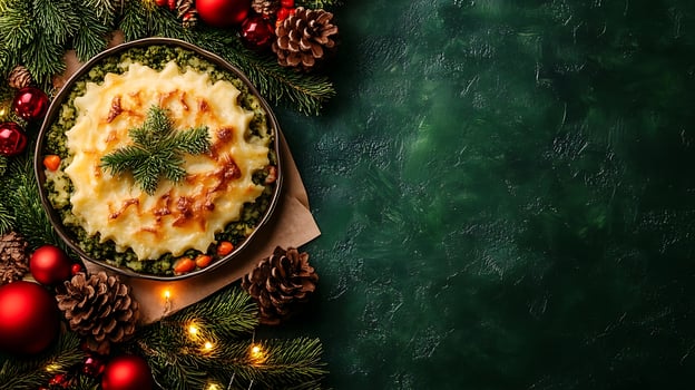 Festive Festive Baked Dish Surrounded By Christmas Decorations. photo