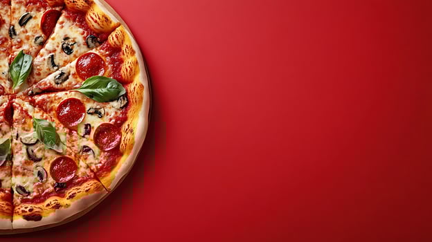 Delicious Pepperoni and Mushroom Pizza Slices on Red Background. photo