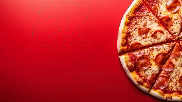 Sliced Pepperoni Pizza with Melted Cheese on Red Background. photo