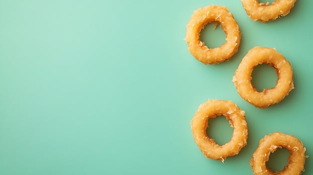 Crispy Fried Onion Rings Scattered on a Cool Mint Background. photo