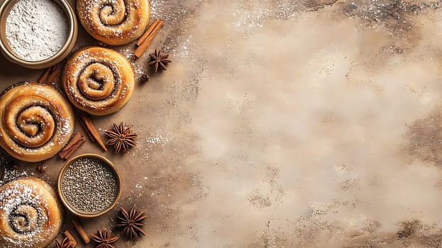 Warm Cinnamon Rolls with Star Anise and Chia Seeds on Textured Surface. photo