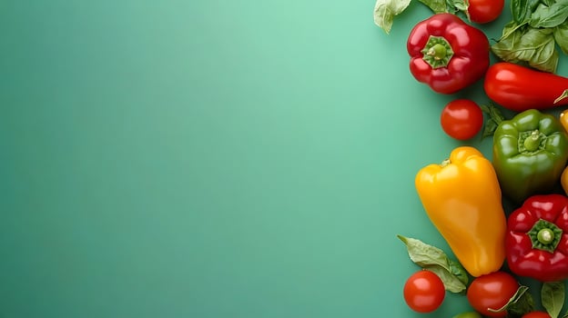 Colorful Bell Peppers and Tomatoes on a Fresh Green Background. photo