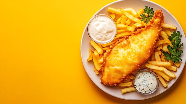 Delicious Crispy Fish and Golden Fries with Creamy Dipping Sauce. photo