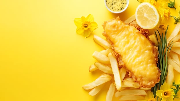 Delicious Fish and Chips with Fresh Lemon and Daffodils. photo