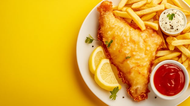 Delicious Fried Fish and Crispy French Fries with Ketchup and Lemon. photo