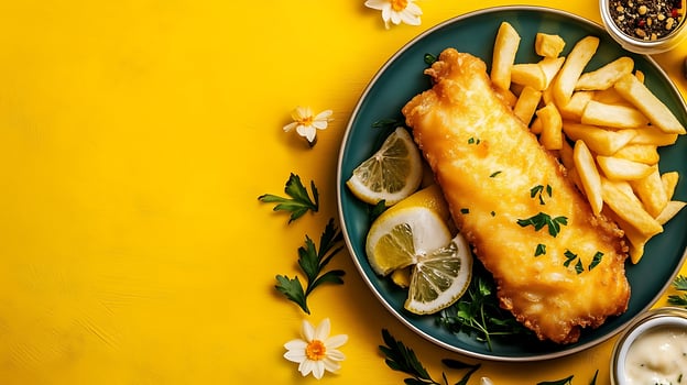 Crispy Golden Fish and Chips with Lemon and Fresh Parsley. photo