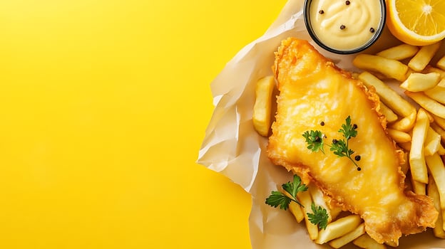 Delicious Golden Battered Fish and Chips with Tartar Sauce and Lemon. photo