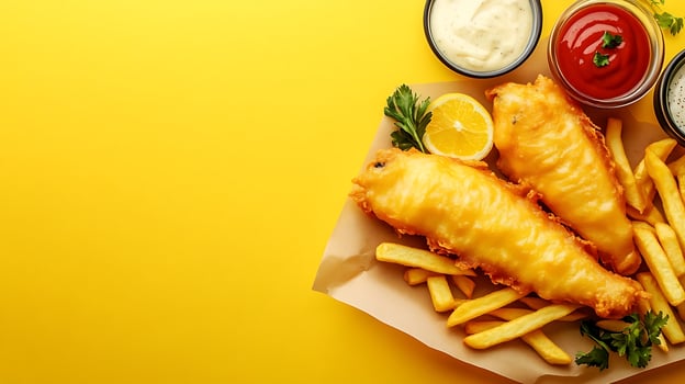 Delicious Fish and Chips with Sauces and Lemon Wedge. photo