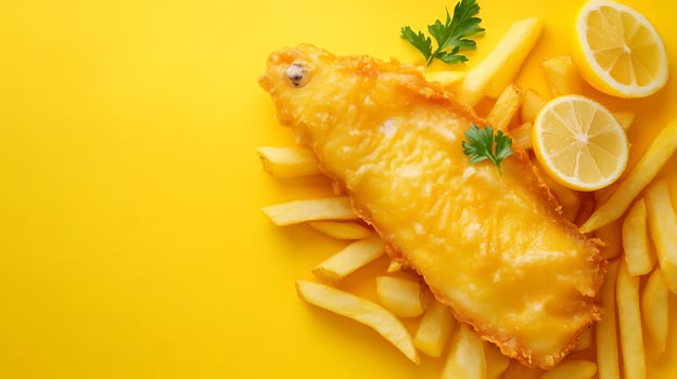 Crispy Golden Fish and Chips with Fresh Lemon Slices. photo